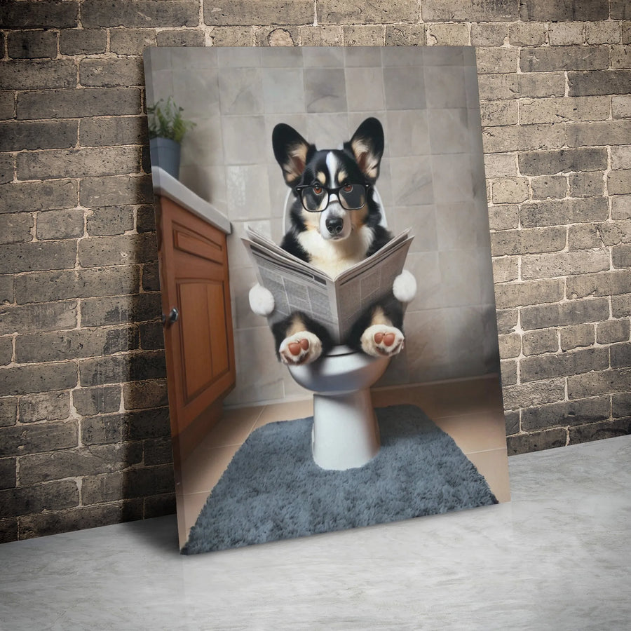 Corgi Toilet Humor Wall Art | Funny Dog Reading Newspaper Portrait | Premium Gallery Wrapped Canvas | Quirky Bathroom Decor Gift