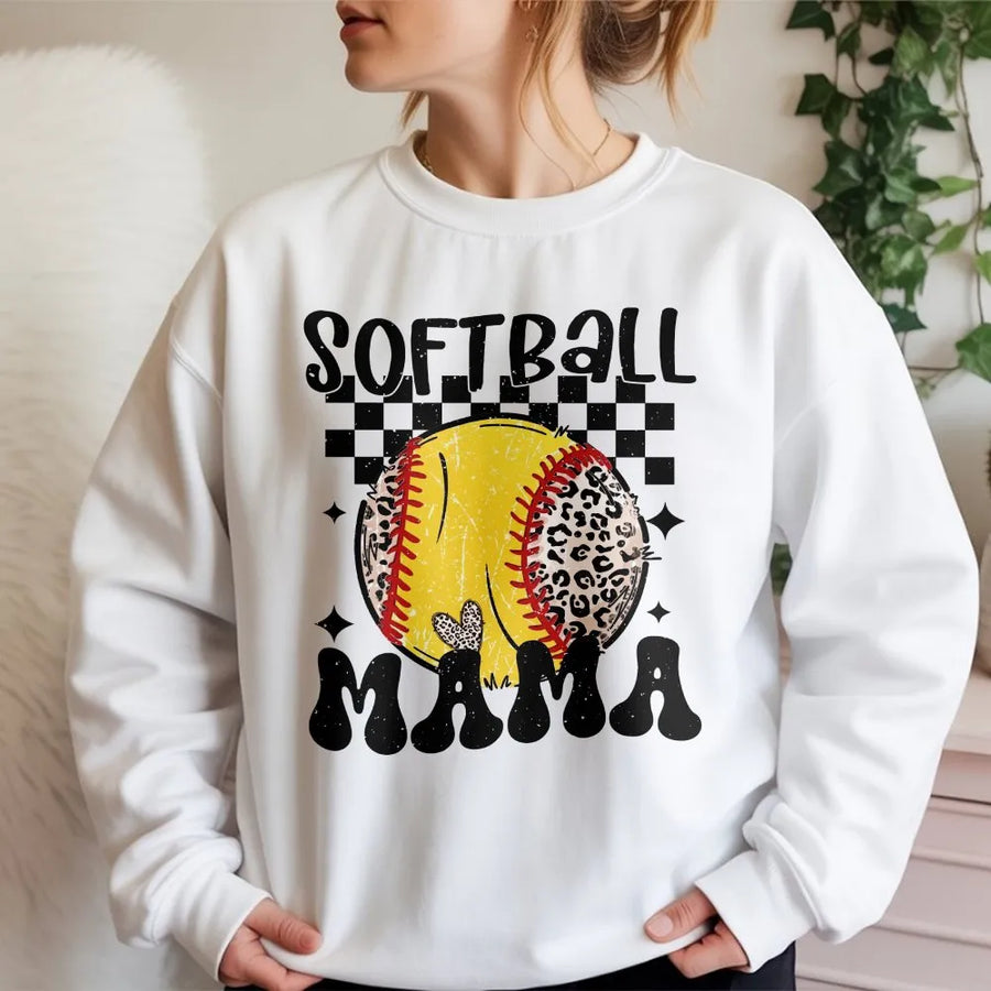 Softball Mama Sweatshirt | Retro Leopard Print Game Day Sweatshirt | Cozy Cotton-Blend Pullover | Gift for Sports Mom