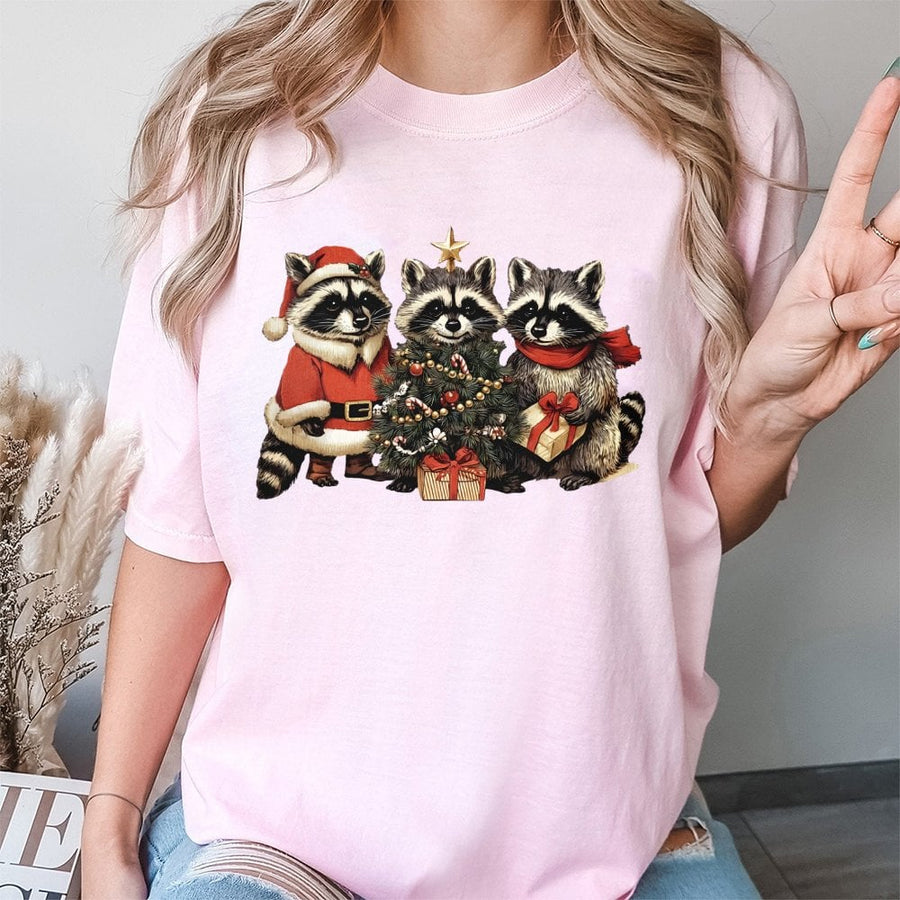 Raccoon Christmas T-Shirt | Cute Woodland Animal Graphic Tee | 100% Cotton Premium Quality | Festive Holiday Gift for Animal Lovers