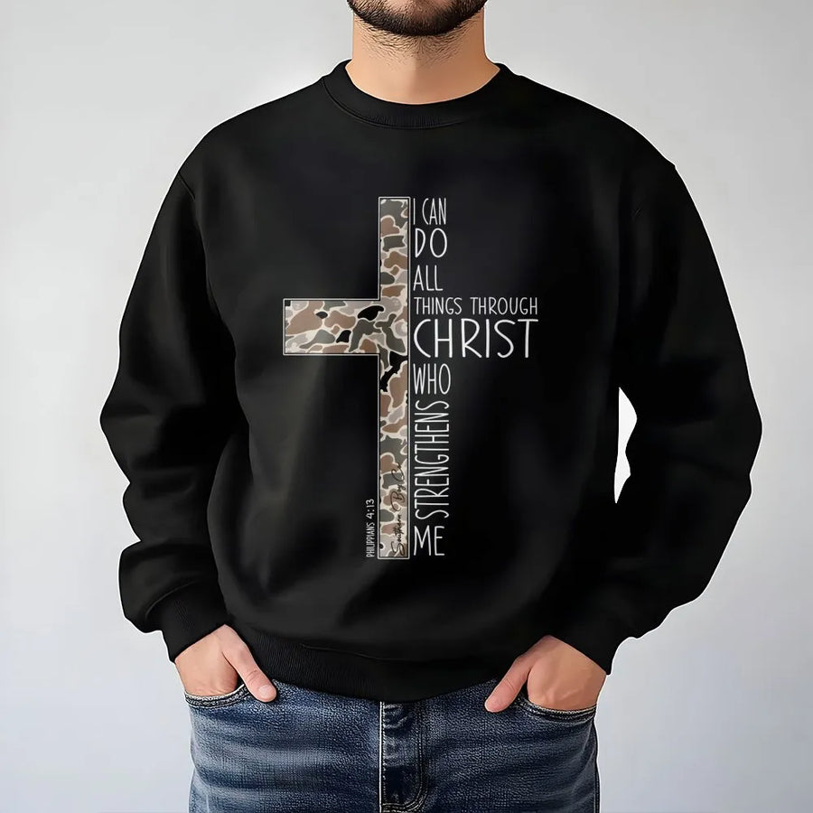 I Can Do All Things Through Christ Sweatshirt | Camo Cross Bible Verse Design | Premium Cotton Blend Crewneck | Inspirational Christian Gift for Women