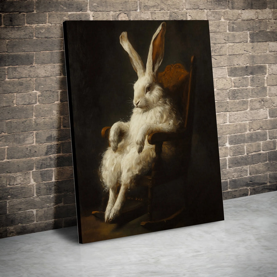 White Rabbit Rocking Chair Canvas Print | Whimsical Animal Oil Painting Style | Gallery-Wrapped Premium Decor | Unique Gift for Rabbit Lovers