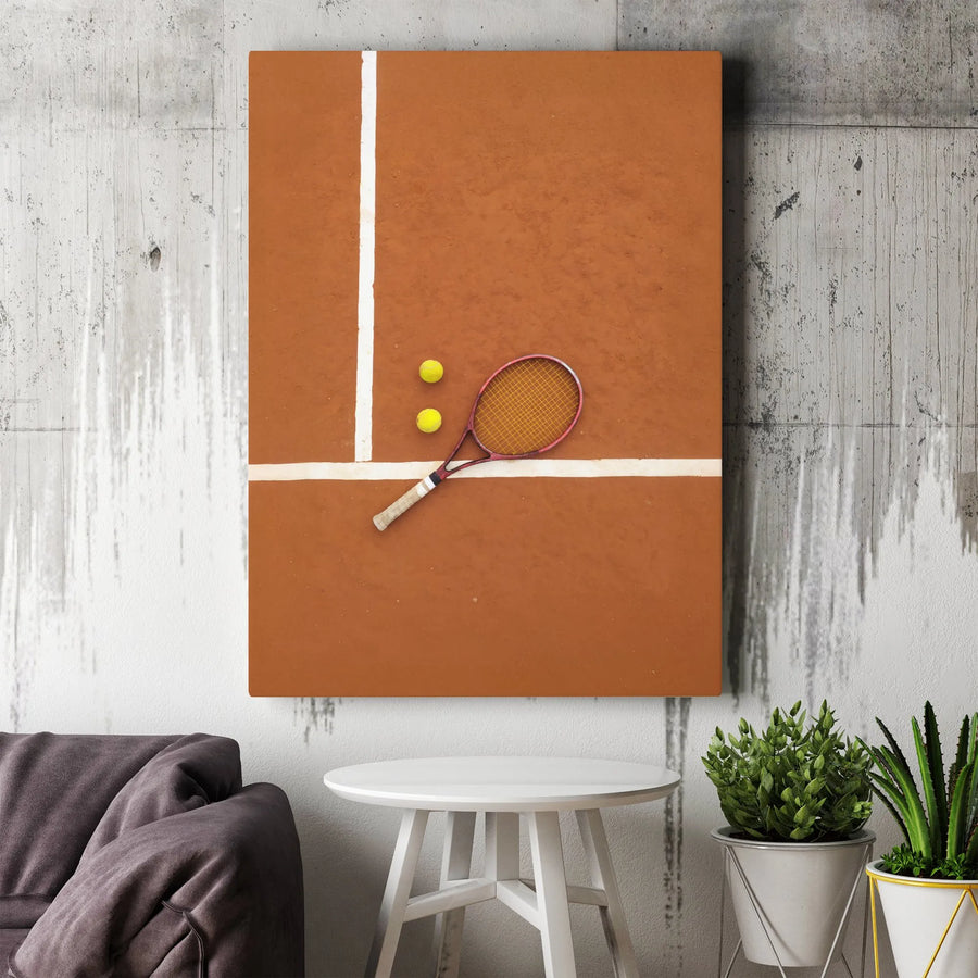 Tennis Court Wall Art | Clay Court Racket And Balls Print | Premium Gallery Wrapped Canvas | Sports Decor Gift For Tennis Players