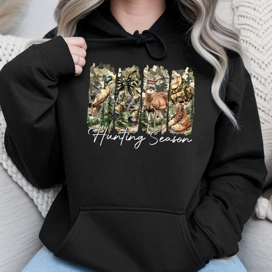 Hunting Season Hoodie | Camo Coquette Bow Deer and Duck Graphic | Premium Cotton Blend | Gift for Hunter and Outdoor Lover