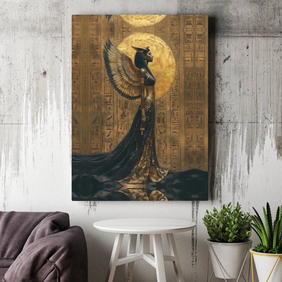 Egyptian Goddess Isis Canvas Print | Golden Wings & Hieroglyphics Art | Premium Fade-Resistant Gallery Wrap | Spiritual Home Office Wall Decor