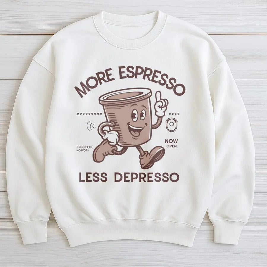 More Espresso Less Depresso Sweatshirt | Retro Coffee Lover Graphic Pullover | Premium Cotton Blend Crewneck | Funny Caffeine Addict Gift
