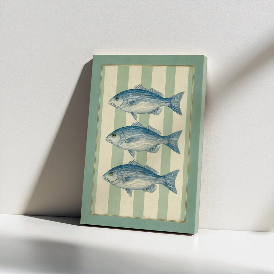 Vintage Fish Canvas Wall Art | Coastal Striped Nautical Print | Premium 1.25" Thick Gallery Wrap | Beach House & Bathroom Decor Collector's Gift