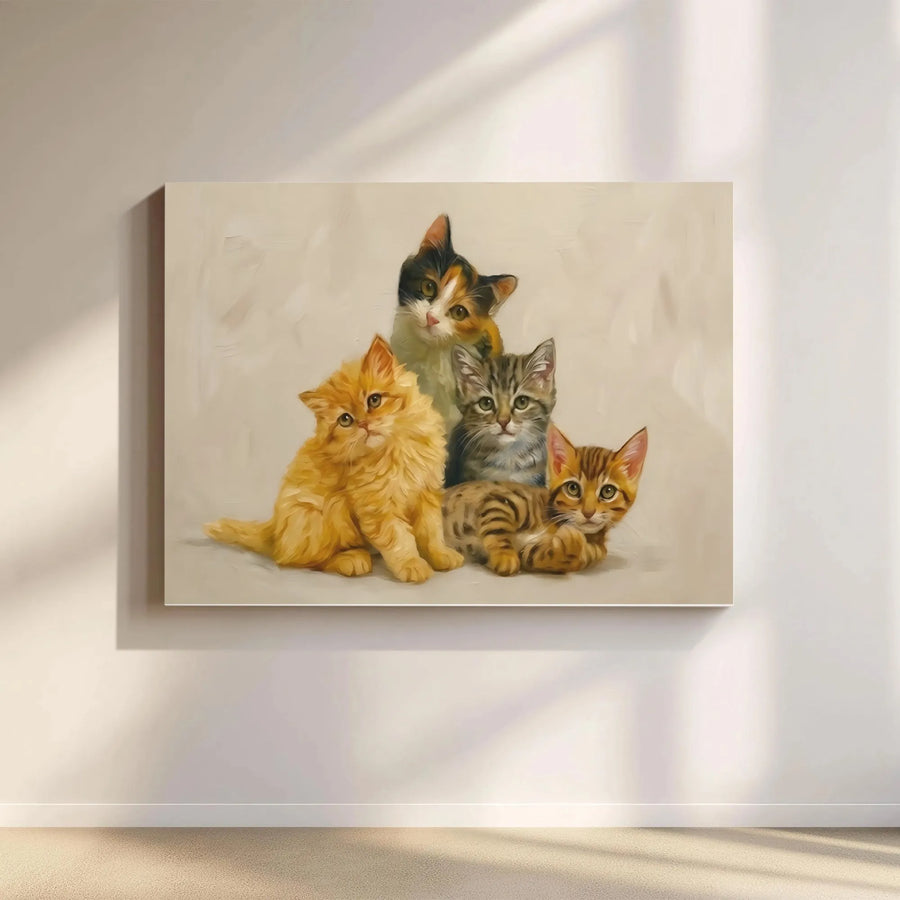 Four Kittens Wall Art | Oil Painting Style Animal Portrait | Gallery Wrap Premium Canvas | Cute Cat Lover Gift Home Decor