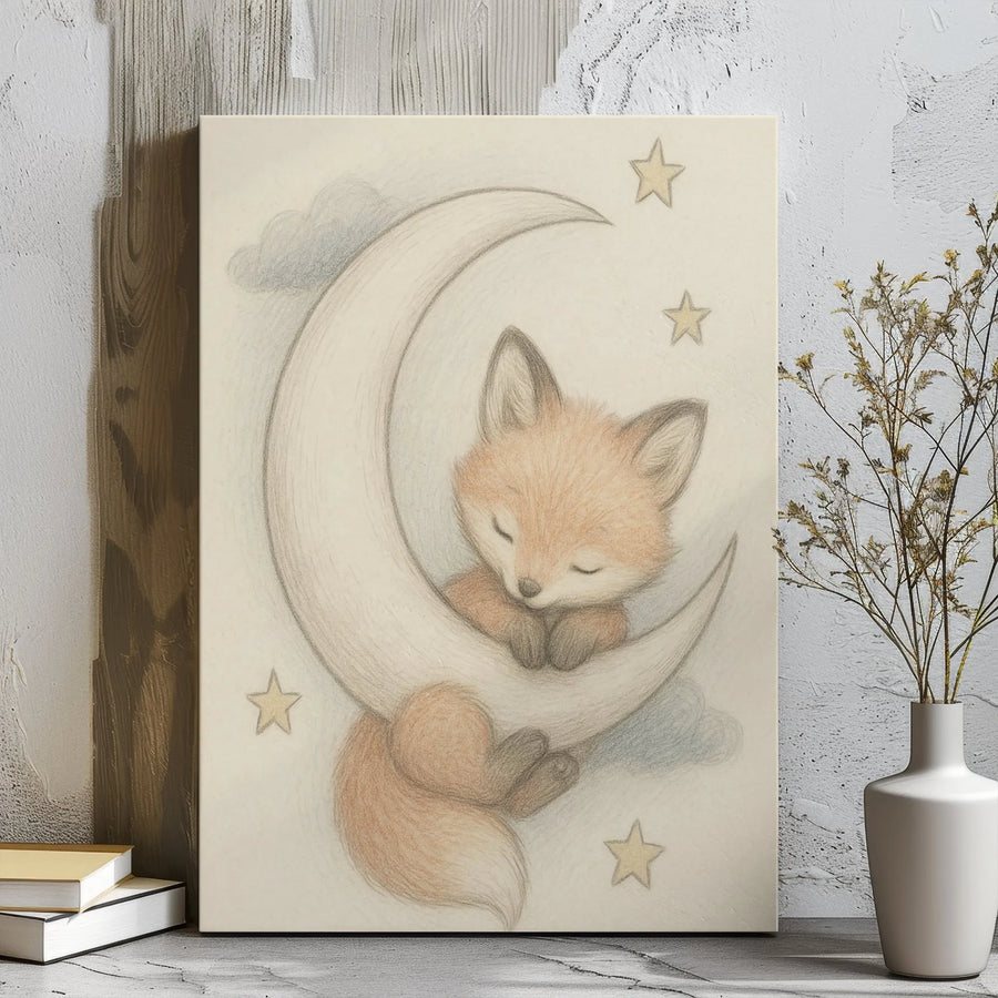 Baby Fox Canvas Wall Art | Sleeping Moon and Stars Illustration | Premium Gallery Wrap Nursery Decor | Gender Neutral Baby Shower Gift