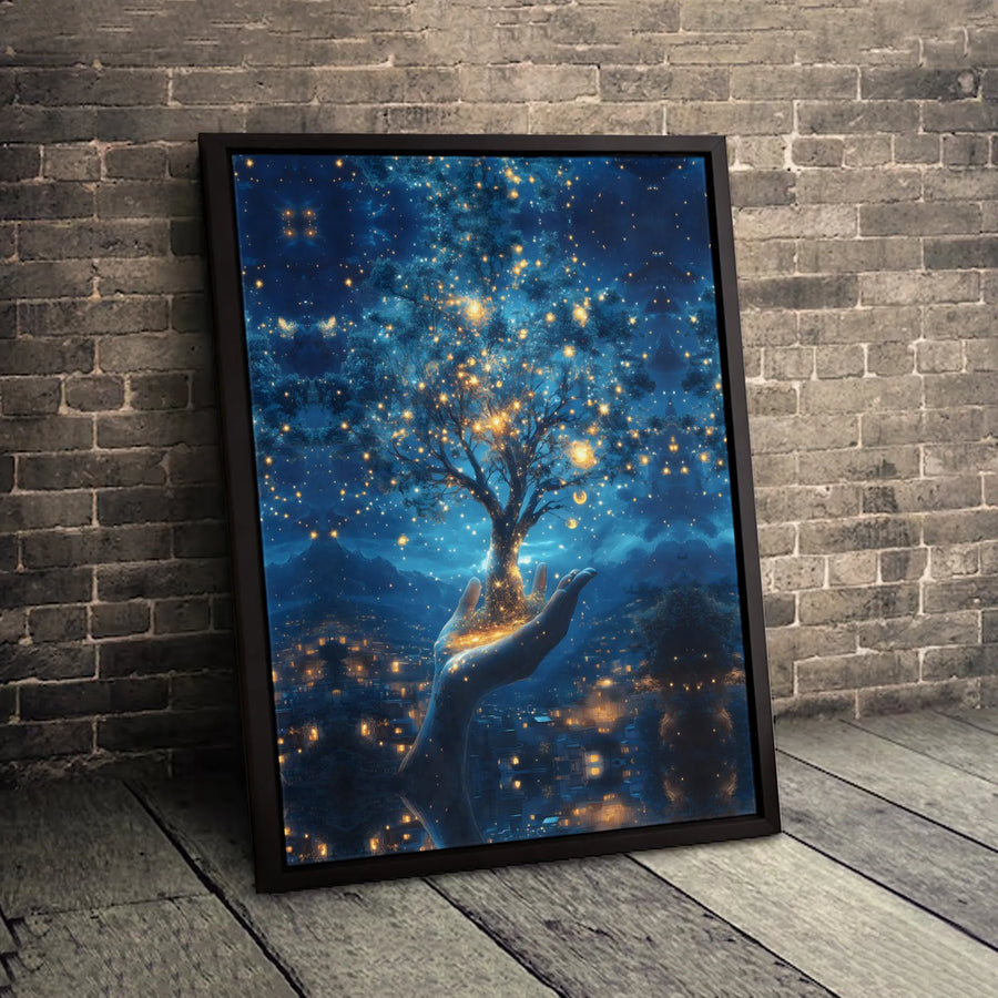 Tree Of Life Wall Art | Magical Glowing Forest Hand Canvas | Premium Fade-Resistant Gallery Print | Mystical Home Decor Gift For Nature Lovers