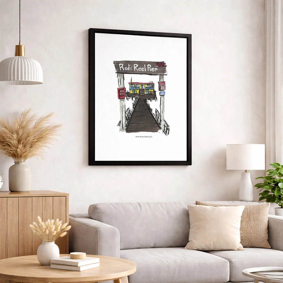 Rod & Reel Pier Wall Art | Anna Maria Island Florida Illustration | Premium Gallery Canvas | Coastal Home Decor Gift for Beach Lovers