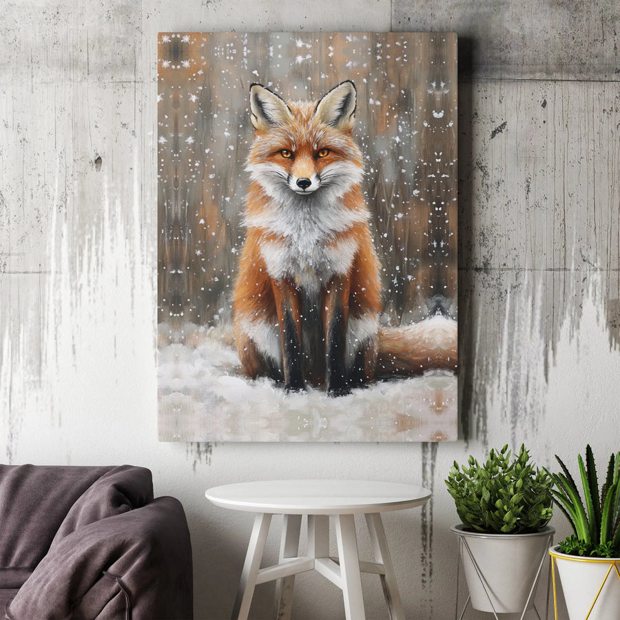 Red Fox Canvas Wall Art | Snowy Winter Forest Wildlife Portrait | Gallery Wrap Premium Print | Rustic Nature Home Decor Gift