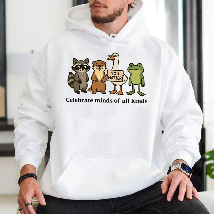 Celebrate Minds Of All Kinds Hoodie | Cute Neurodiversity Animal Graphic | Premium Cotton Blend | Mental Health Awareness Gift for Teachers