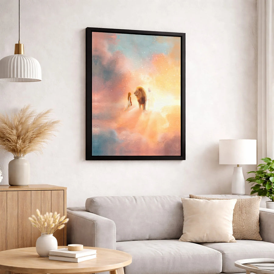 Lion of Judah Canvas Print | Jesus and Woman Heavenly Clouds Art | Premium Fade-Resistant Wall Decor | Spiritual Religious Gift for Home