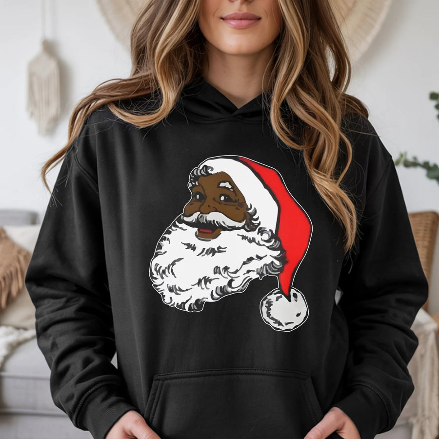 Black Santa Claus Hoodie | African American Christmas Graphic Sweatshirt | Premium Cotton Blend | Holiday Gift For Men And Women