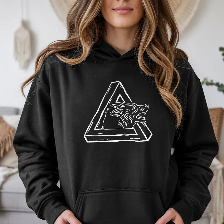 Geometric Wolf Hoodie | Impossible Triangle Optical Illusion Art | Soft Cotton Blend Sweatshirt | Gift for Wildlife Lovers, Unisex Pullover