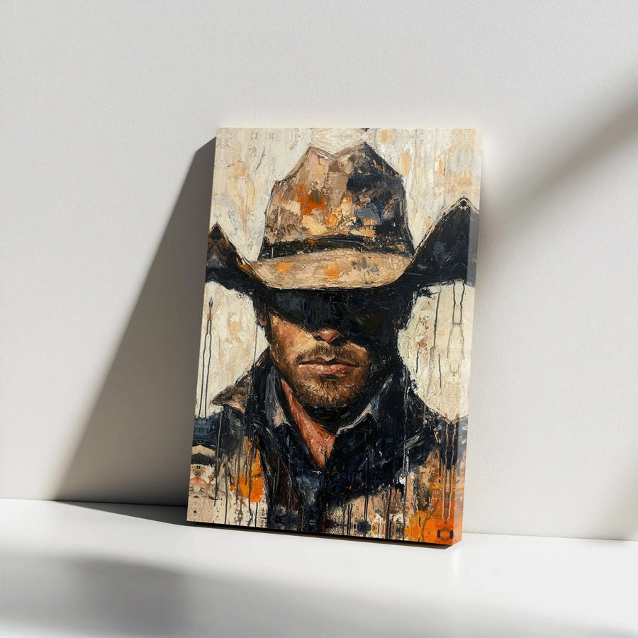 Cowboy Canvas Wall Art | Modern Abstract Western Portrait | Premium Gallery Wrapped Canvas | Rustic Home Decor Gift for Men