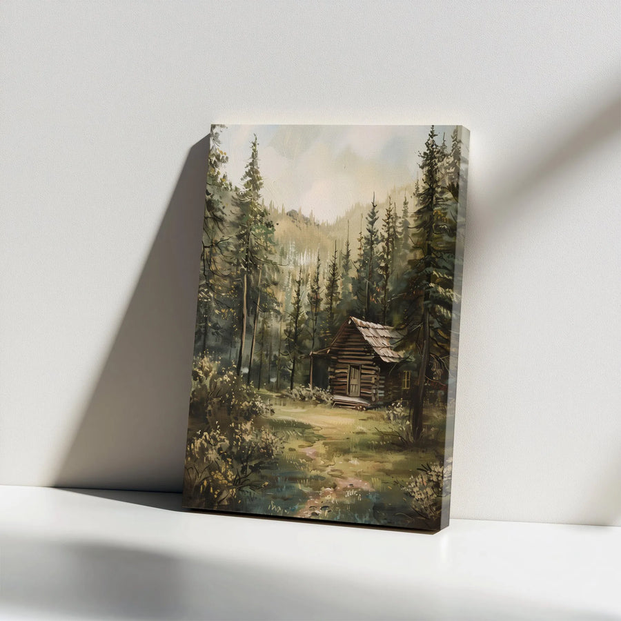 Log Cabin Forest Vertical Canvas | Vintage Oil Painting Style | Thick 1.25" Gallery Wrap | Rustic Home Decor & Nature Lover Gift