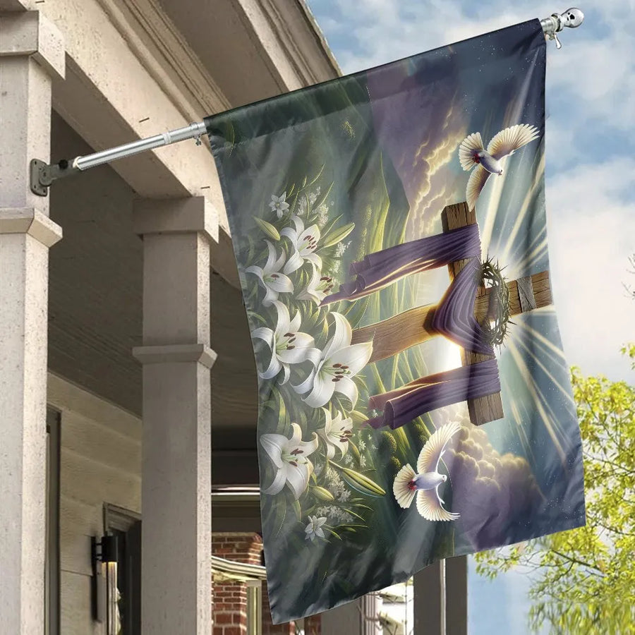 He is Risen Easter House Flag | Jesus Cross with Lilies and Doves | Double Sided Polyester | Religious Yard Decor Gift for Christians