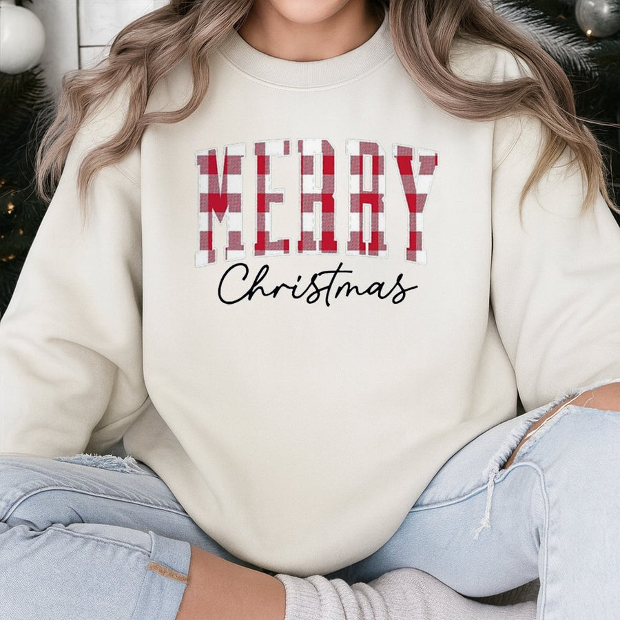 Merry Christmas Sweatshirt | Red Plaid Buffalo Check Design | Cotton-Poly Premium Blend | Holiday Gift For Men And Women