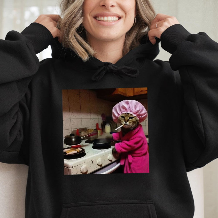 Cooking Cat Hoodie | Sassy Kitty In Pink Bathrobe Graphic | Premium Cotton Blend | Funny Animal Gift For Cat Lovers And Meme Fans