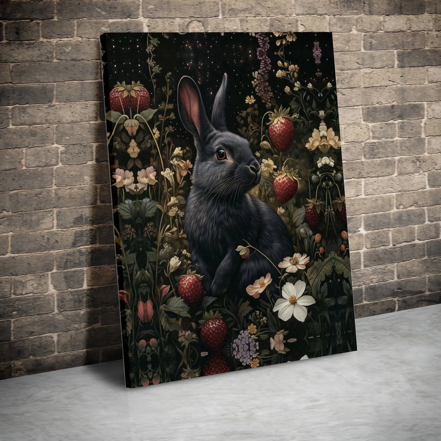 Black Rabbit Canvas Wall Art | Whimsical Strawberry Garden Night Scene | Premium Gallery Wrap Print | Cottagecore Home Decor Gift