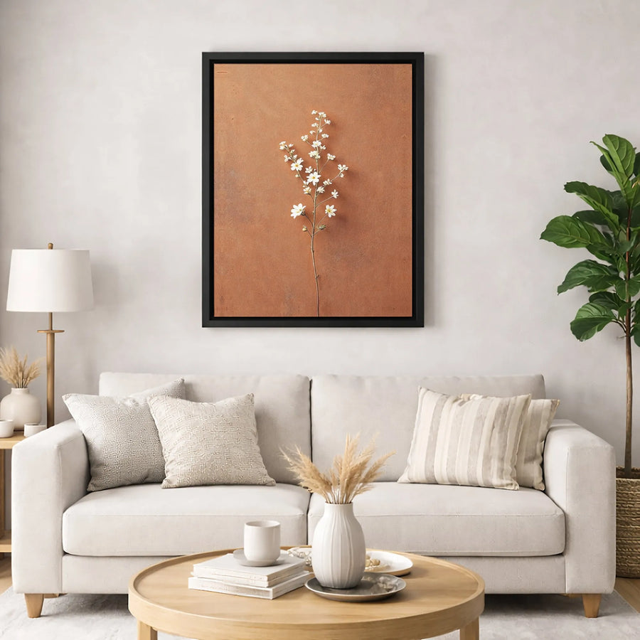Minimalist Wildflower Wall Art | White Botanical Stem on Terracotta Canvas | Gallery Quality Decor | Modern Earth Tone Gift for Home