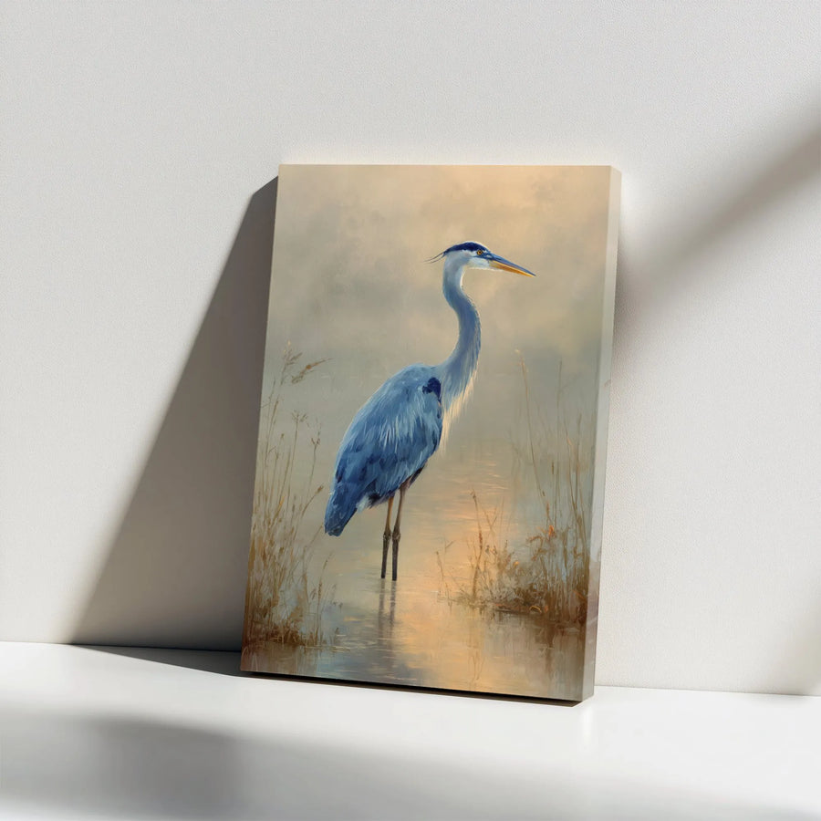 Great Blue Heron Canvas Wall Art | Moody Marsh Landscape Painting | Premium Gallery-Wrapped Print | Nature Lover Home Decor Gift
