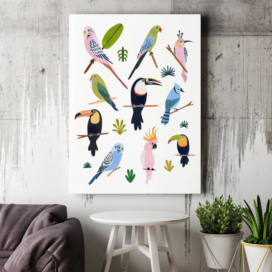 Tropical Birds Vertical Canvas | Colorful Exotic Bird Collection Print | Premium Gallery Wrap Wall Art | Modern Nursery Decor Gift for Bird Lover