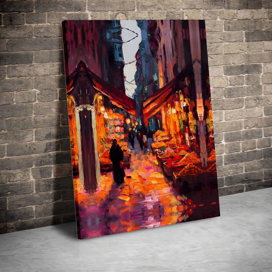 Night Market Street Scene Canvas Art | Impressionist Cityscape Oil Painting Print | Gallery Quality 1.25" Profile | Modern Home & Office Wall Decor