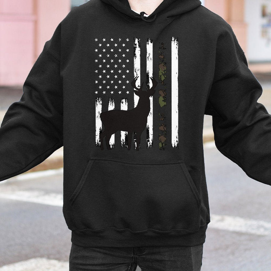 Whitetail Deer Hunting Hoodie | Distressed Camo American Flag Graphic | Premium Cotton Blend | Patriotic Gift for Outdoorsmen and Hunters
