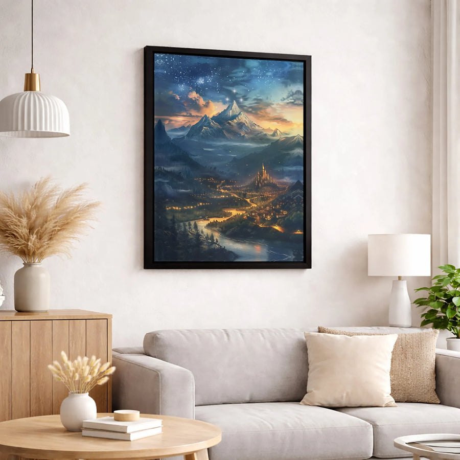 Fantasy Mountain Castle Canvas Wall Art | Magical Landscape Night Sky Print | Premium Gallery Wrapped Decor | Enchanted Forest Home Gift