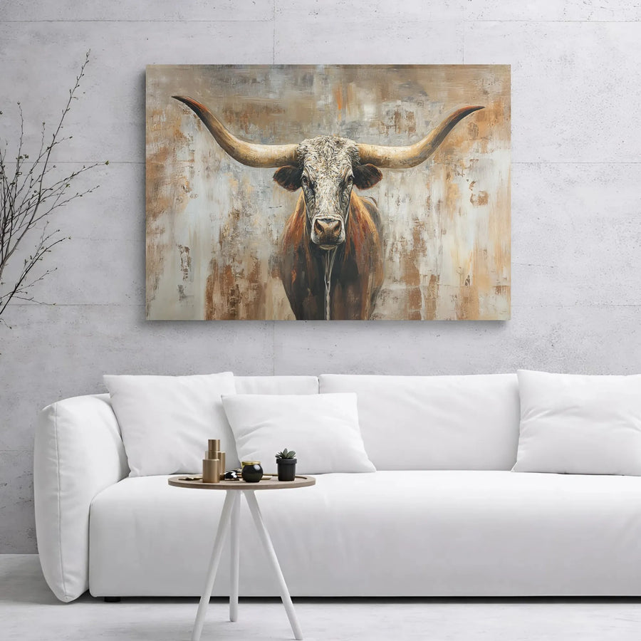 Texas Longhorn Bull Wall Art | Rustic Farmhouse Canvas Print | Premium Gallery Wrap Decor | Farmhouse Gift for Cattle Rancher
