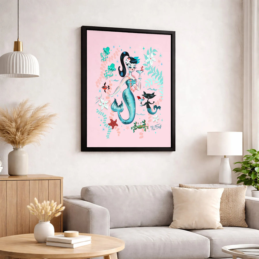 Retro Mermaid Wall Art | Mid-Century Pin-Up Mer-Cat Canvas | Fade-Resistant Gallery Quality Decor | Whimsical Ocean Theme Gift for Her