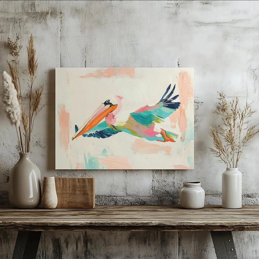 Abstract Pelican Canvas Wall Art | Colorful Coastal Bird Painting Print | Premium Thick Gallery Wrap | Modern Beach House Decor Gift