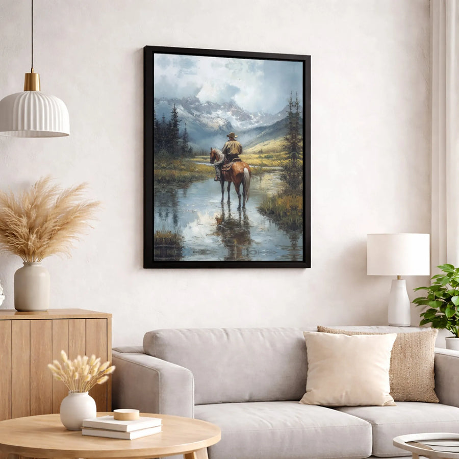 Western Cowboy Canvas Wall Art | Horse Riding Mountain River Landscape | Premium Fade-Resistant Print | Rustic Home & Office Decor Gift