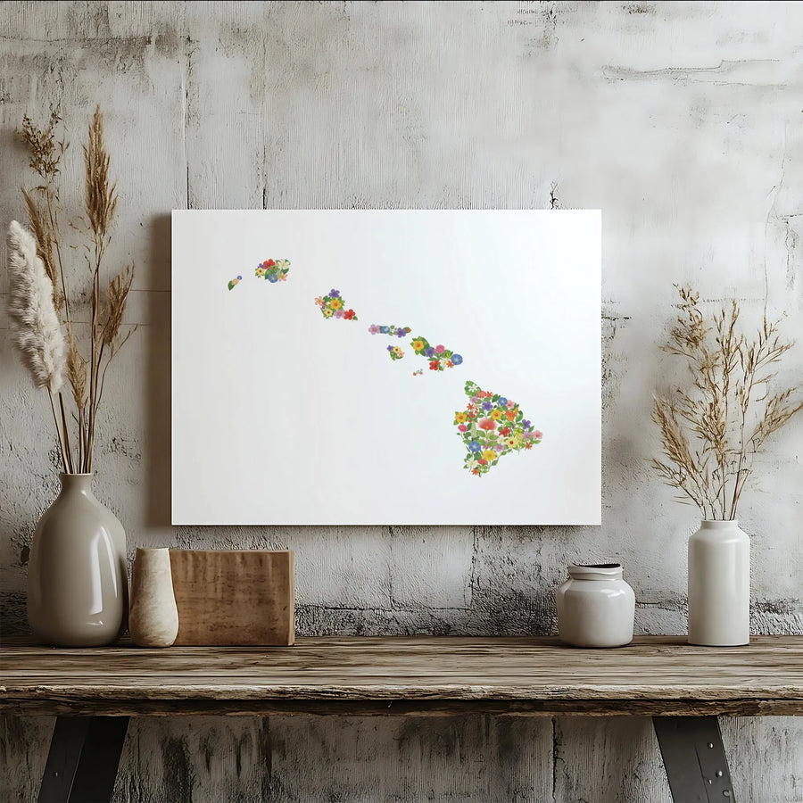 Hawaii Island Map Canvas | Floral Botanical Art | Premium Fade-Resistant Print | Tropical Home Decor Gift