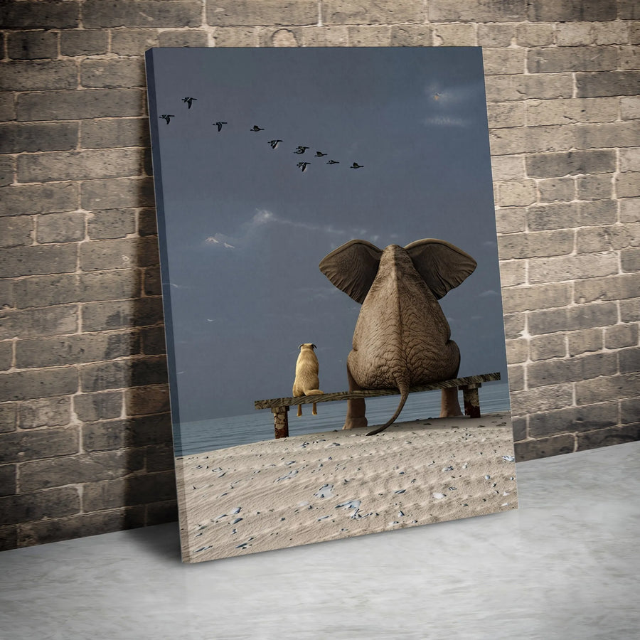 Elephant and Dog Beach Wall Art | Whimsical Animal Friendship Scene | Premium Gallery-Wrapped Canvas | Heartwarming Home Decor Gift