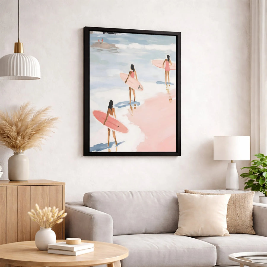 Coastal Surfer Girls Canvas Wall Art | Abstract Beach Landscape with Pink Surfboards | Premium Gallery-Wrapped Print | Modern Home & Office Decor