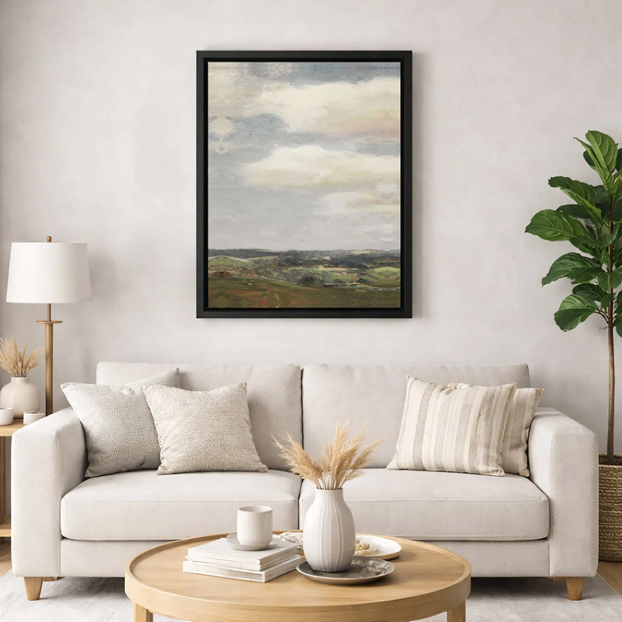 Rolling Hills Landscape Canvas Art | Abstract Cloudy Sky Wall Decor | Premium 1.25 Inch Gallery Wrap | Serene Nature Print for Home Office