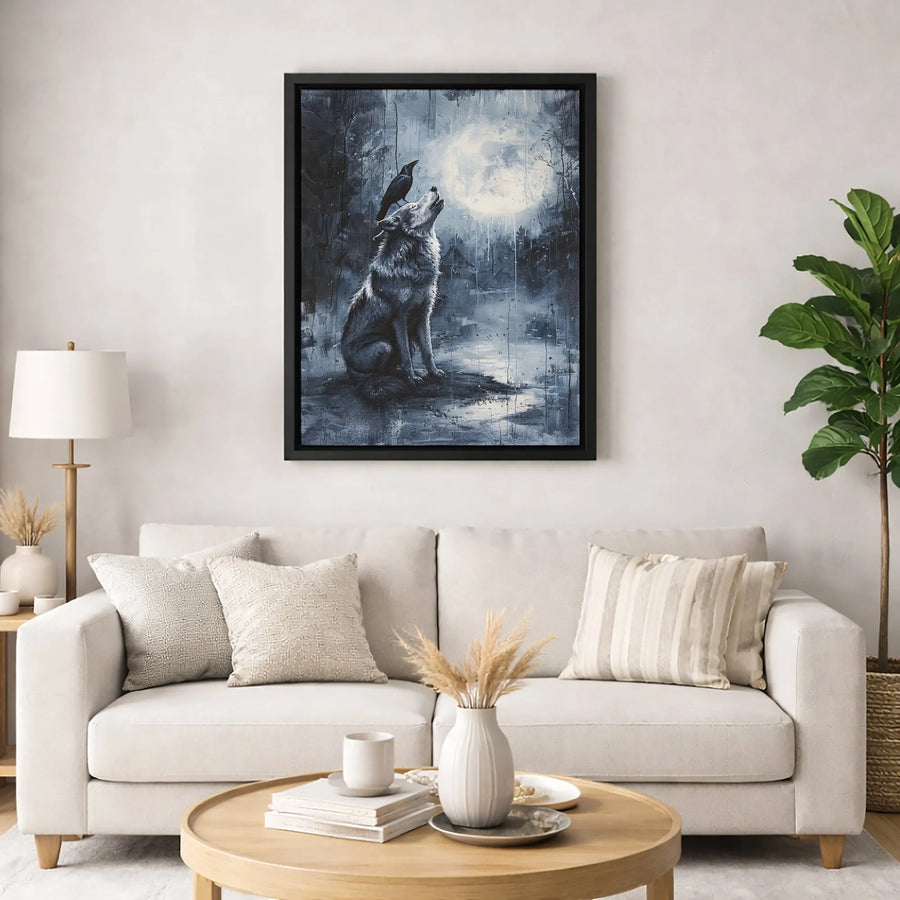 Wolf Howling At Moon Canvas Art | Gothic Crow Forest Wall Decor | Premium Fade-Resistant Print | Moody Wildlife Gift for Nature Lovers