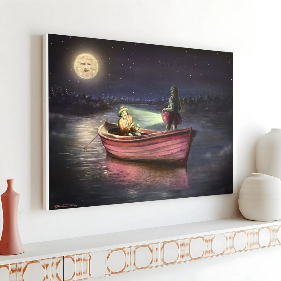 Surreal Night Lake Canvas | Man and Green Creature Rowing Boat | 1.25-Inch Gallery Wrap Print | Unique Fantasy Home Decor Wall Art