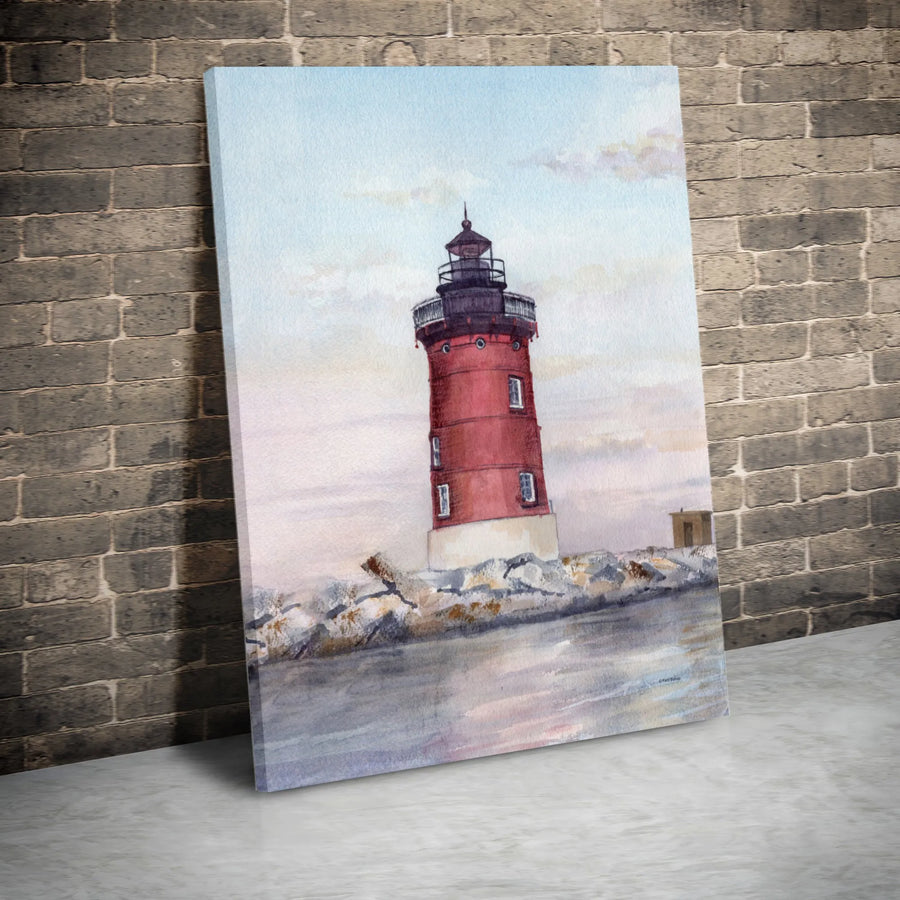 Red Lighthouse Wall Art | Nautical Coastal Watercolor Canvas | Premium Gallery Wrap | Gift for Beach House Decor