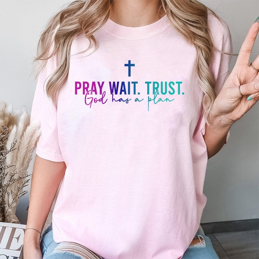 Pray Wait Trust T-Shirt | Christian Faith Inspirational Graphic | 100% Cotton Premium Quality | Religious Gift for Men and Women
