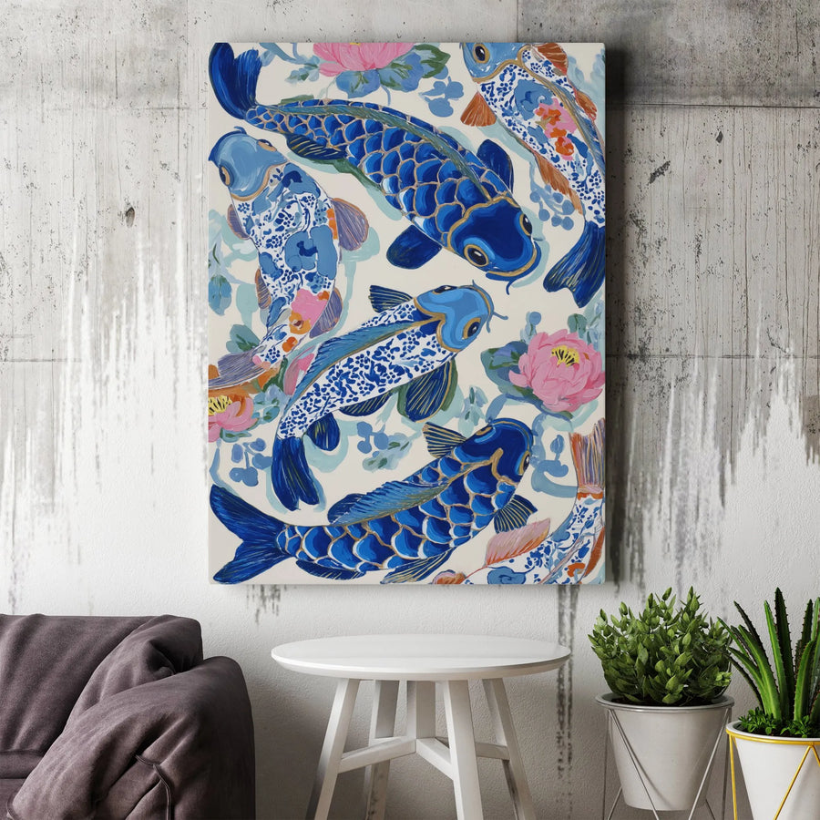 Japanese Koi Fish Canvas Print | Chinoiserie Style Lotus Flower Art | Premium Gallery Wrapped Canvas | Zen Style Home Decor Gift