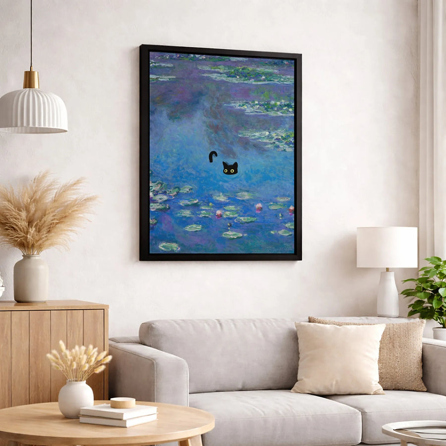 Black Cat Wall Art | Monet Water Lilies Impressionist Style | Gallery Quality Canvas Print | Whimsical Home Decor Gift for Cat Lovers