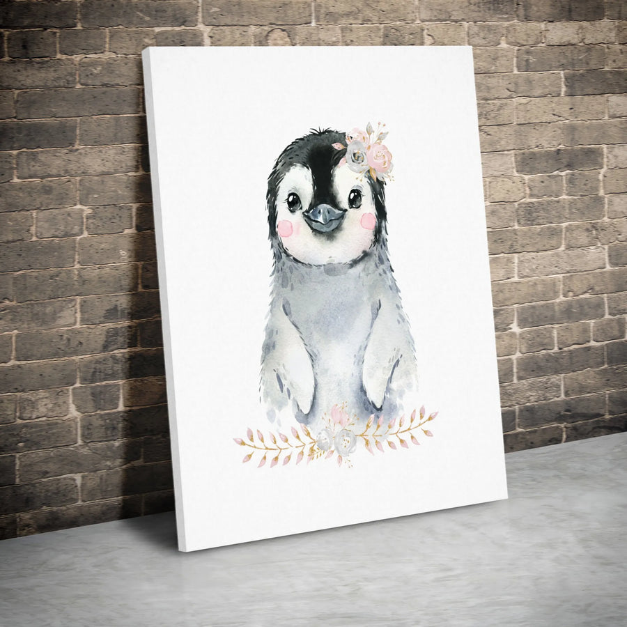 Baby Penguin Canvas Wall Art | Watercolor Floral Crown Animal Portrait | Premium 1.25-Inch Gallery Wrap | Nursery & Childrens Room Decor