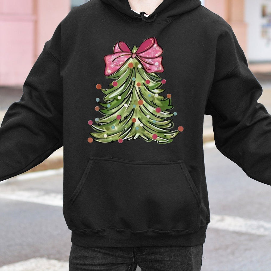 Christmas Tree Hoodie | Pink Bow Festive Graphic | Premium Cotton Blend | Cozy Holiday Gift for Women and Men