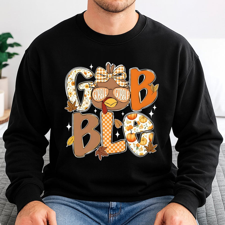 Gobble Gobble Thanksgiving Sweatshirt | Cute Turkey Fall Graphic | Premium Cotton Blend Crewneck | Unisex Holiday Gift for Women Men