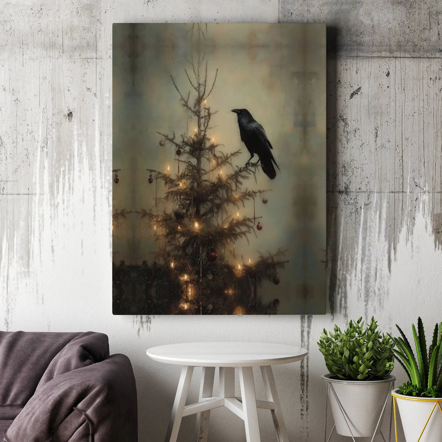 Gothic Crow Christmas Tree Canvas | Dark Academia Holiday Wall Art | Premium 1.25-Inch Gallery Wrap | Festive Spooky Home Decor Gift