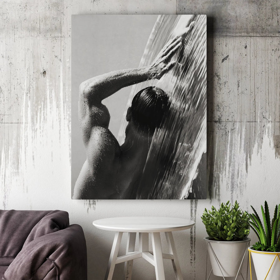 Muscular Man Showering Canvas Art | Black and White Fitness Photography | Premium Gallery-Wrapped Print | Masculine Bathroom Wall Decor
